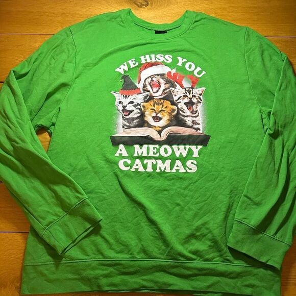 Ugly Christmas Sweater meow cat Christmas sweater 2xl green - Picture 1 of 9
